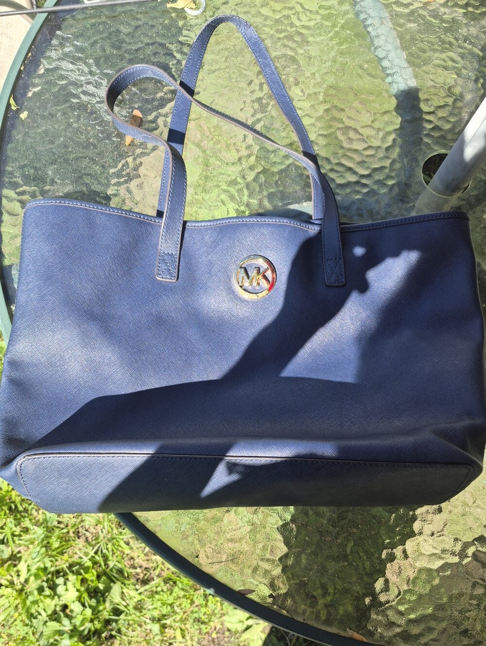 Michael Kors Navy Blue Saffiano Tote with Gold MK Emblem